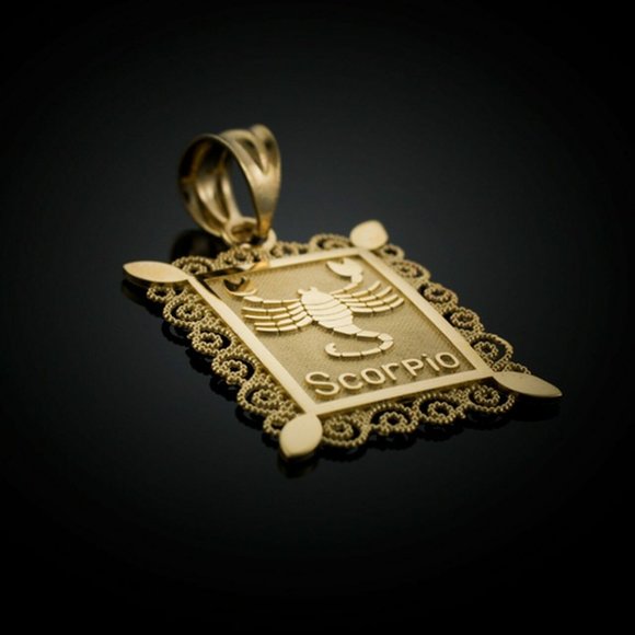14K Solid Gold Scorpio Zodiac Square Sign Pendant - Yellow, Rose, or White Gold